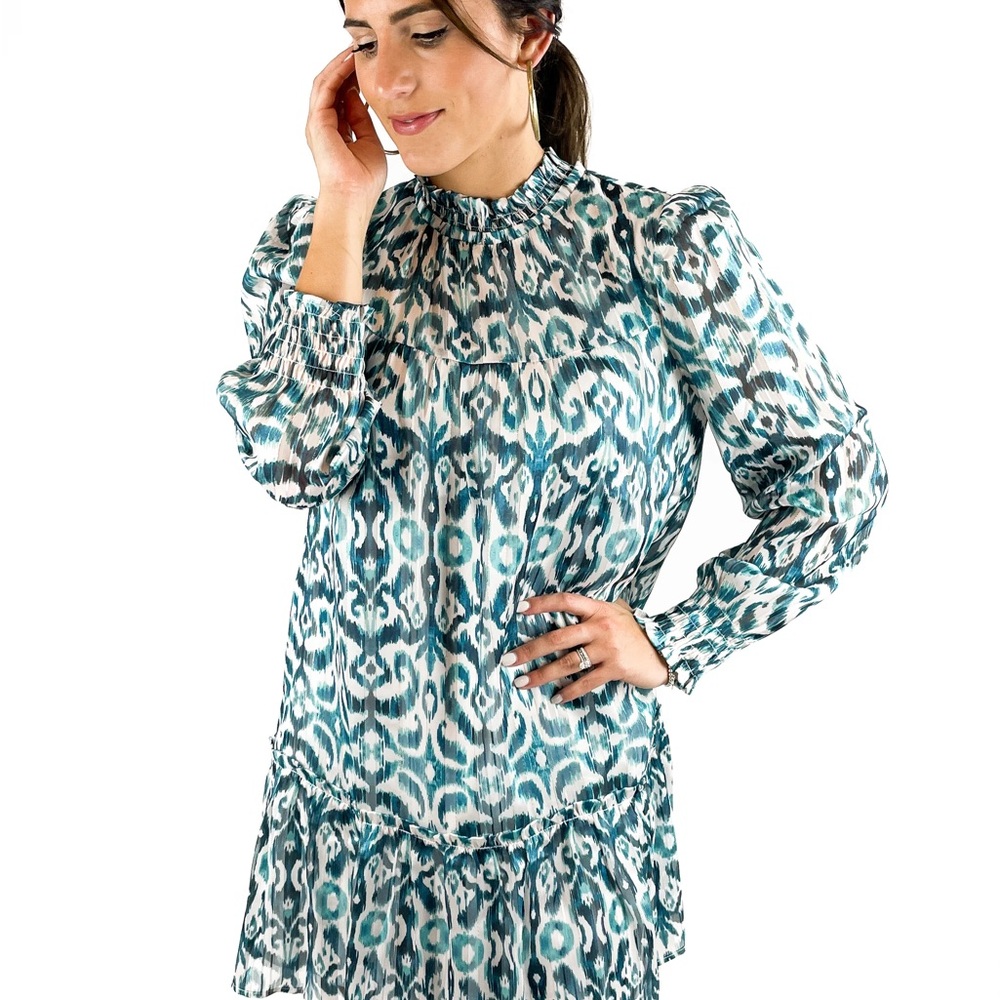 Chic Blue Patterned Long Sleeve Dress